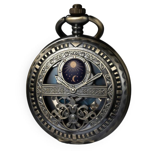 Steampunk Skeleton Mechanical Pocket Watch Hand-Wind Roman Numerals Chain